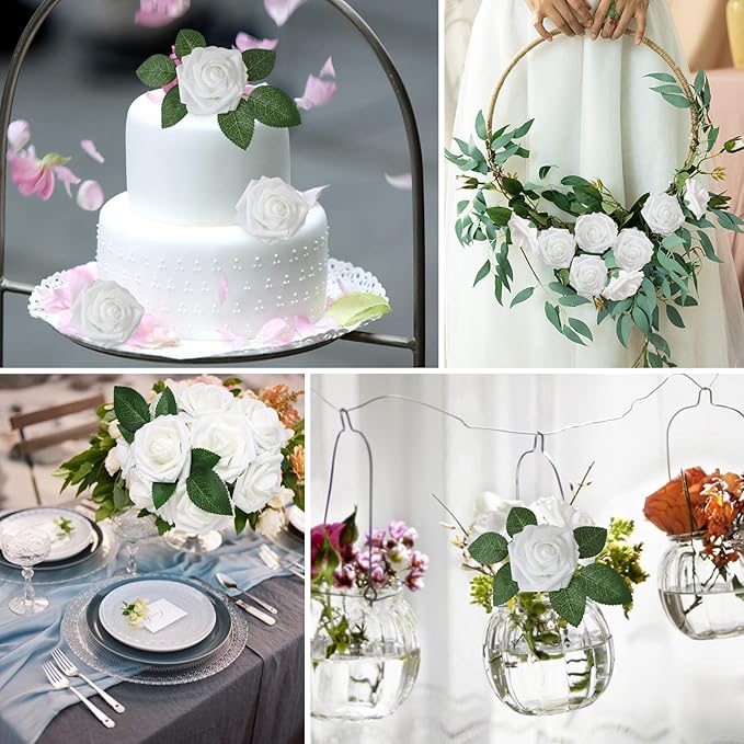 AmyHomie Artificial Flower White Rose 25pcs Real Looking Fake Roses w/Stem for DIY Wedding Bouquets Centerpieces Arrangements Party Baby Shower Valentines Day Christmas Tree Decorations