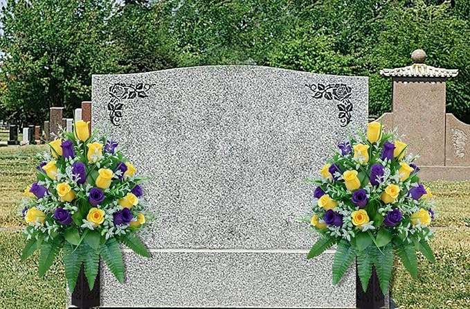 Artificial Cemetery Flowers, Gravesite Decoration Roses, Memorial Bouquets with Cemetery Vase, Vibrant and Long-Lasting Colors （ Yellow+Purple, 2 Bundles