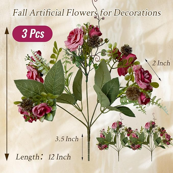 3 Bundles Fall Artificial Flowers Bouquet, Autumn Fake Roses Bouquet Faux Fall Floral Arrangements for Centerpiece Table Wedding Party Home Decor (Pink)
