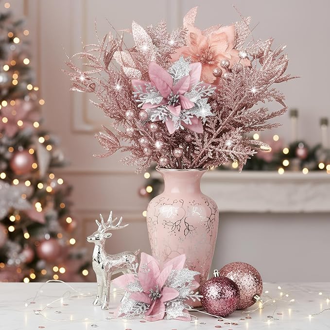 60 Pcs Christmas Glitter Branches 6 Styles Artificial Christmas Picks Berries Stems Poinsettia Flowers Pine Needles Floral Twig Spray for Xmas Tree Ornaments DIY Wreath Garland(Rose Gold)