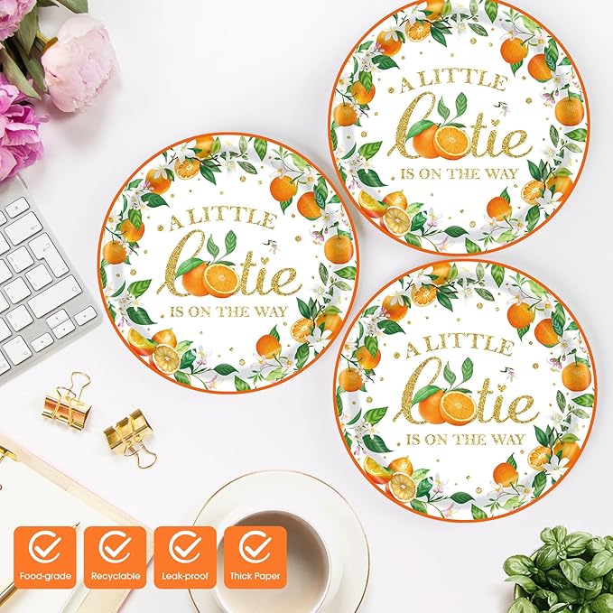 40 Pcs Little Cutie Baby Shower Plates and Napkins Party Supplies, Orange Cutie Birthday Party Decorations Disposable Paper Plates and Napkins A Little Cutie is on The Way Tableware Set Serves 20