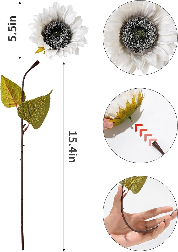 DuHouse 12pcs Artificial Sunflowers with Long Stems 5.5" Silk Sunflowers Bulk for Wedding Home Garden Outdoor Party Decoration(White)