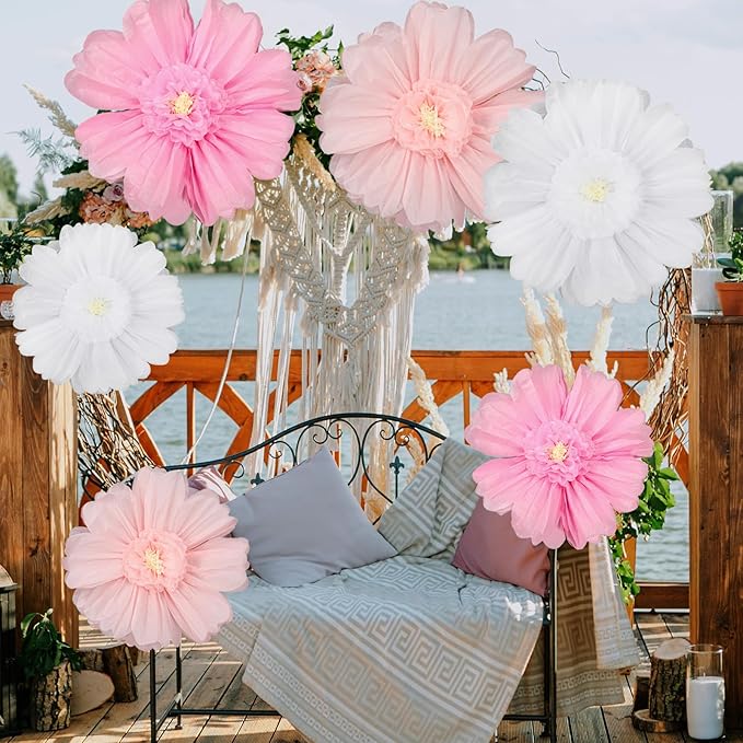 Giegxin 6 Pcs 31.5 " 24 " Pink and White Giant Paper Flowers Extra Large Pink Floral Tissue Paper Flowers Floral Decoration for Mexican Fiesta Wall Wedding Bridal Shower Birthday Decor