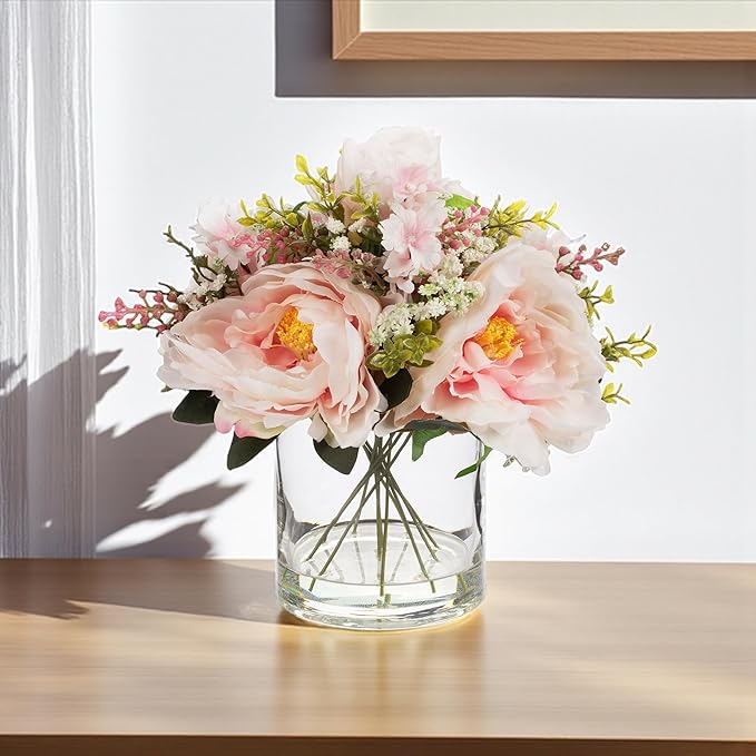 ENOVA FLORAL Artificial Silk Flower Arrangement with Vase,Mixed Artificial Silk Peony Flower in Vase for Decoration Home Office, Wedding Centerpiece (Pink)