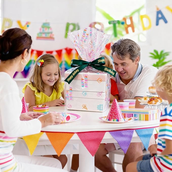 JOYIT Happy Birthday Cellophane Wrap Roll (35'' Wide X 100 FT Long) - 3 Mil Thick Clear Cellophane Roll, Birthday Cellophane Bags Large, Wrapping Paper for Flower Gift Baskets Wrap (35" fold into 17.5")