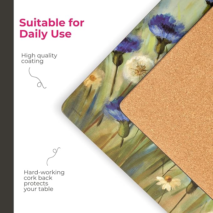 Pimpernel Fleurs des Champs Collection Placemats & Coasters Set (15.7" x 11.7") – Blue & White Cornflower Pattern on Cork-Backed Boards, Heat & Stain Resistant Dining Mats with Lacquered Finish