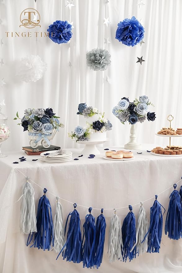 TINGE TIME Artificial Flowers, 25pcs Real Looking Gradient Blue Rose Fake Roses w/Stem for DIY Wedding Bouquets Centerpieces Arrangements Party Baby Shower Home Decorations
