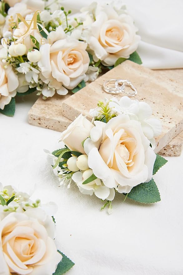 Meldel Champagne Pocket Boutonniere for Men Wedding,Set of 6,Groom Groomsman Boutonnieres Artificial Rose Hydrangea Berry Corsage for Prom Ceremony Party Homecoming