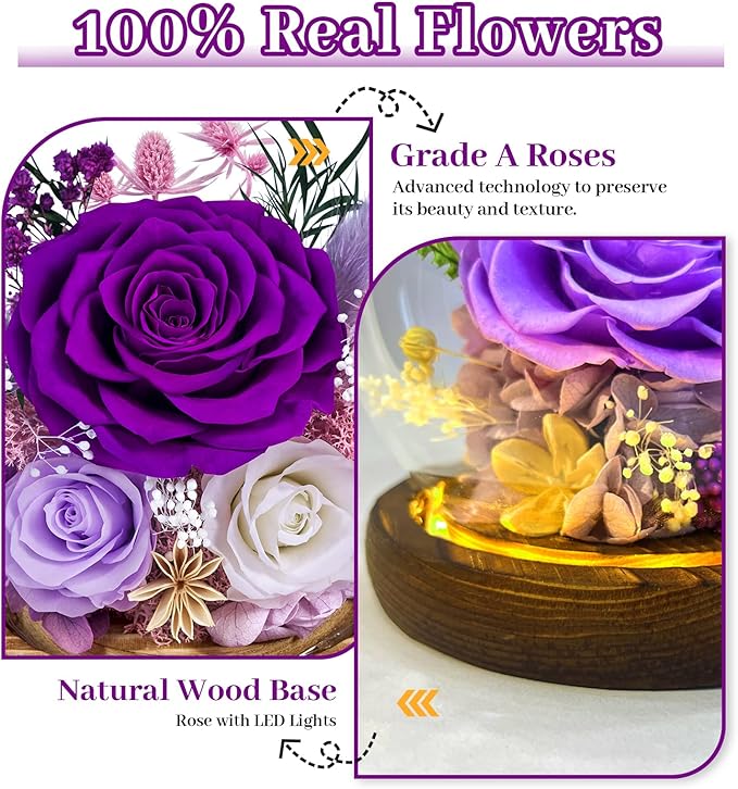 Preserved Roses Forever rose in glass dome - Birthday Gifts for Women Mom, Real Flowers for Delivery Prime | Rose Gift for Grandma Wife Sister Friend(Mix purple)