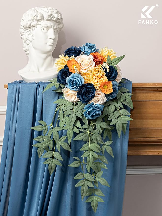 FANKO Artificial Flowers Navy Blue Rose, Mixed Fake Silk Flowers Combo Cream Rose Yellow Chrysanthemum Vintage Assorted Blooms for DIY Wedding Bridal Bouquets/Centerpieces/Home Decor