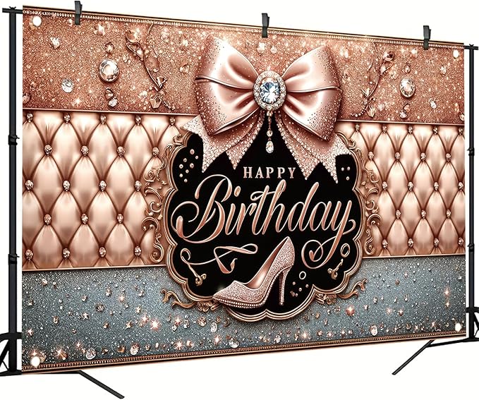 Happy Birthday Backdrop Banner Pink High Heels Birthday Photo Backdrop Photography Background Glitter Diamond Decorations Girl Sweet Party Banner Photo Booth 71 x 43 Inch