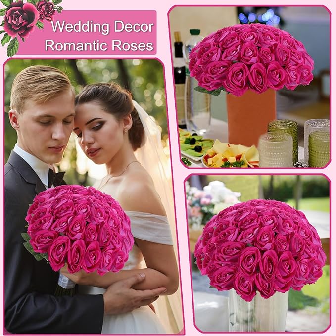 50Pcs Fuchsia Roses Artificial Flowers Fake Roses Faux Velvet Silk Flower for Home Wedding Decoration (Pearl Rose, Fuchsia)