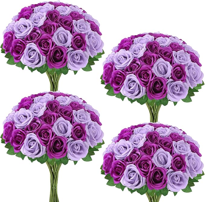 36 Pcs Lilac, Purple Artificial Roses with Long Stems, Fake Silk Rose Artificial Flowers Bulk for Bridal Wedding Bouquet Centerpiece Ball Arrangement Party Decor