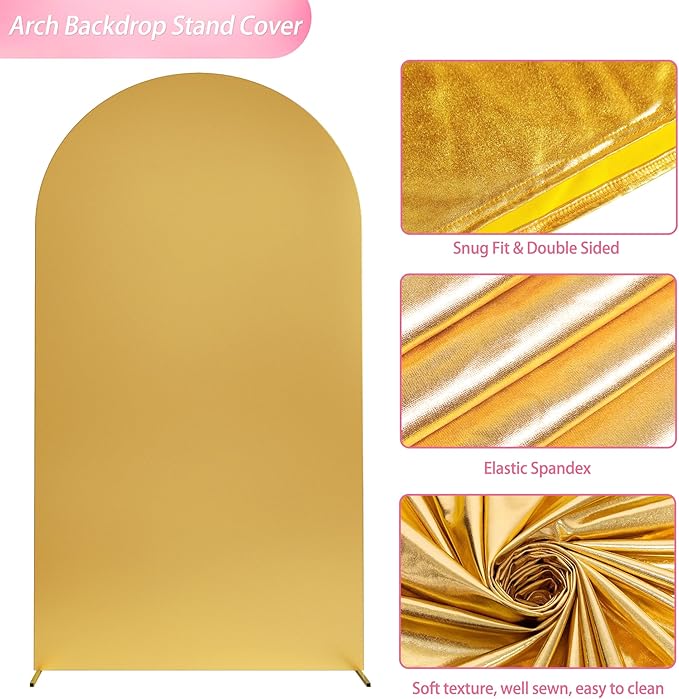 Wokceer Wedding Arch Cover 7.2FT Spandex Fitted Wedding Arch Stand Covers Round Top Chiara Arch Backdrop Cover for Birthday Party Ceremony Banquet Decoration Gold
