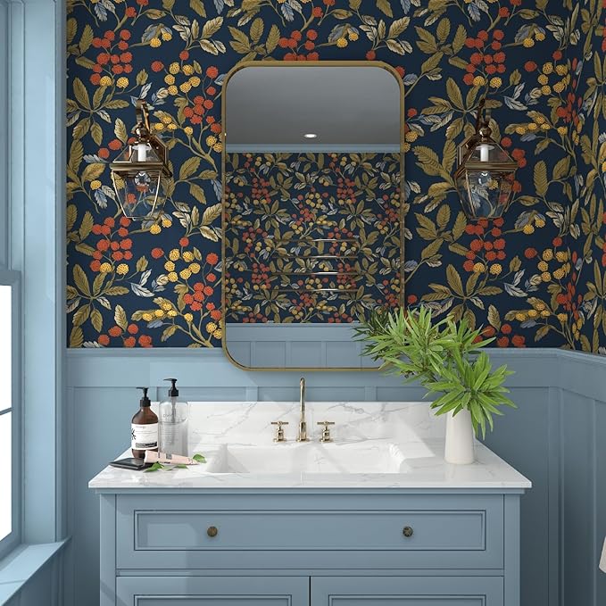 Navy Blue Floral Wallpaper Peel and Stick, Vintage Contact Paper 17.5" x 118", Dark Leaf Botanical Boho Wall Paper Self Adhesive Waterproof Removable for Room Shelve Cabinet Drawer Table Decor