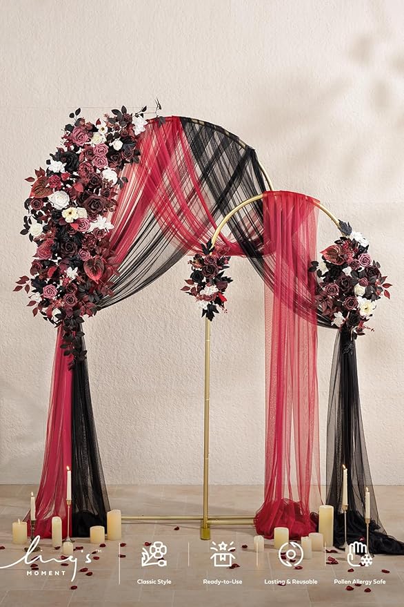 Ling's moment Wedding Arch Backdrop Stand with Flowers - 7.2FT, 6FT Set of 2 Metal Arch Frame with Drapes for Ceremony Decoration - Artificial Floral for Birthday Party, Baby Shower, Black Burgundy
