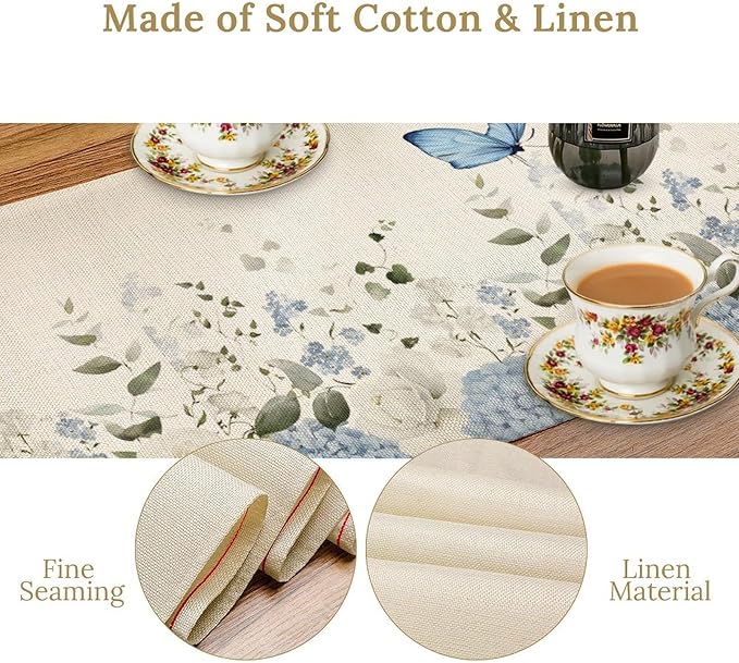 Floral Table Runner, Blue White Flower Butterfly Garden Spring Nature Decoration Table Runner for Kitchen Dining Home Party, 13x36 Inch