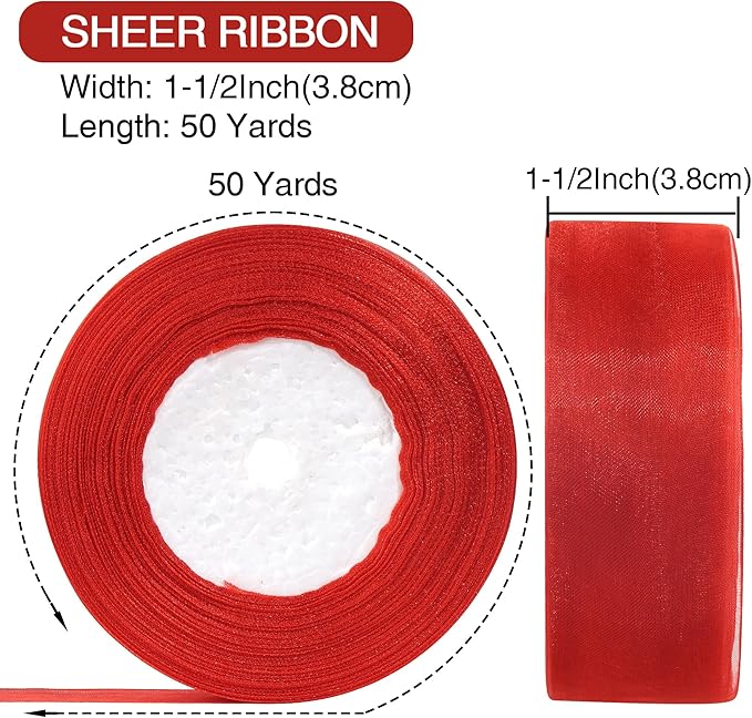 1-1/2 Inch x 50 Yards Sheer Organza Ribbon Chiffon Ribbon for Gift Wedding Flower Bouquet Wrapping Decorations Crafts (Red)