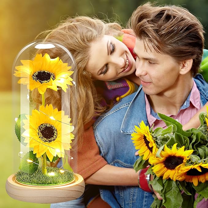 QUNPON Womens Gifts for Christmas Flowers Gifts for Mom Women,Birthday Gifts for Women, for Grandma Sister Girlfriend Her Wife,Sunflowers Galaxy Glass Flower Gifts for Valentines Day