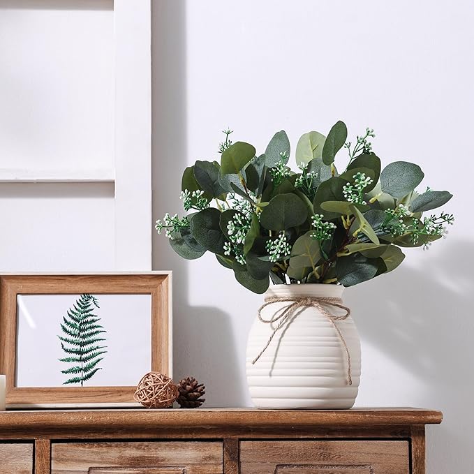 Artificial Eucalyptus in Vase, Fake plants for home decor, Ceramic White Vase with Greenery, Faux Decorative Plants, 20pcs Indoor Fake Eucalyptus Stems for Centerpiece Farmhouse Mantle Decor