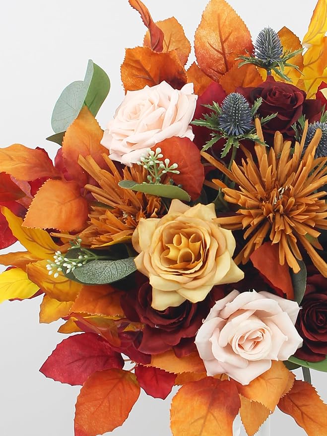 Rinlong 16" Wide Fall Wedding Bouquets for Bride Burnt Orange Bridal Bouquet for Wedding Artificial Terracotta Bouquets Boho Flowers