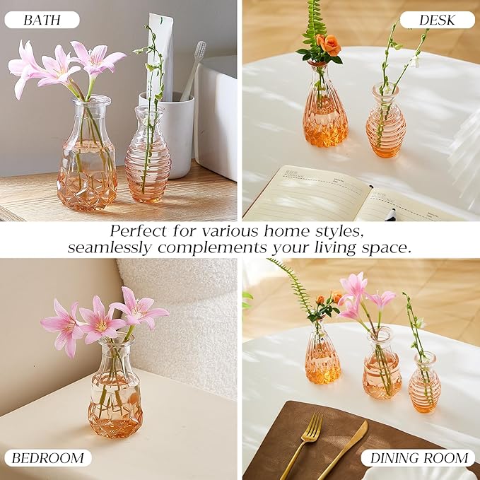 Glass Bud Vase Set of 30 - Small Vases for Flowers in Bulk - Assorted Vintage Crystal Vases for Flowers, Table Centerpieces (Amber, 30 Pcs)