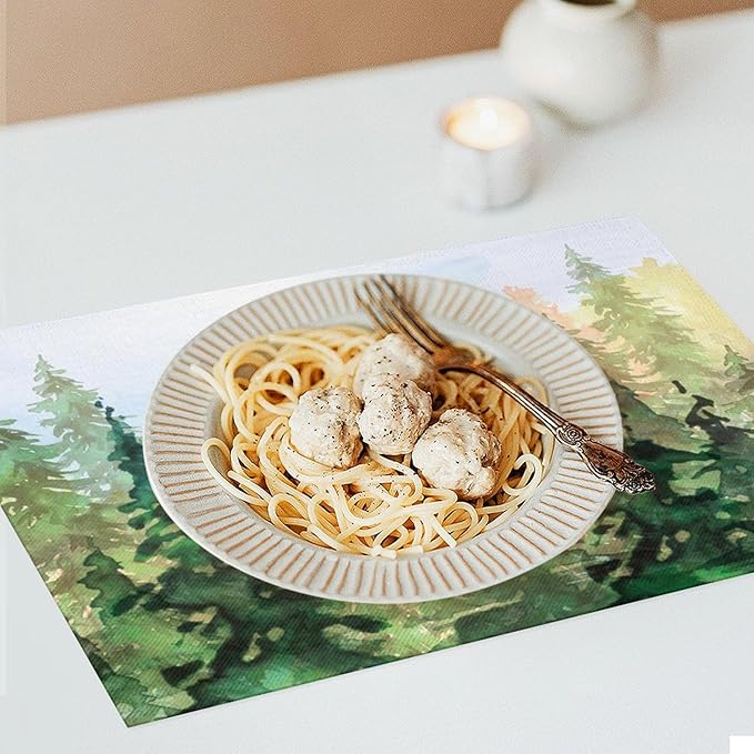 Green Forest Placemats Set of 4,Watercolor Tree Spring and Summer Kitchen Living Room Table Decor Dinner Mat 12x18 Inch 4 PCS, Style-8