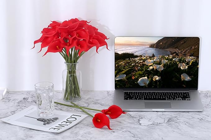 SITUMEIZI 24 PCS Red Fake Flowers Artificial Calla Lily Silk Flowers Real Touch for Mother's Day Easter Home Kitchen Decor Wedding Bouquet Office Spring Decoration