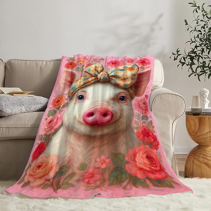 Pink Pig Blanket Cute Pig Throw Blanket Soft Cozy Fleece Fuzzy Stuffed Plush Flannel Animal Gifts for Girls Women Boys Kids Adults 40''x50''