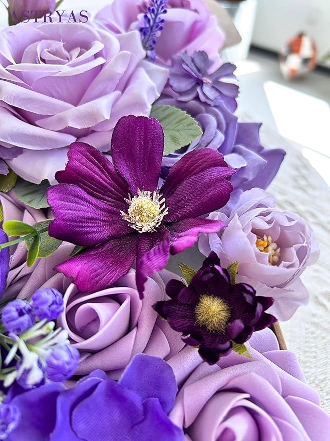 ASTRYAS Artificial Flowers Combo Purple Flowers Mix Silk Flowers Peony Dahlia Roses with Stems for DIY Bridal Wedding Shower Decorations Faux Floral Arrangements Party Centerpieces Home Decor Indoor