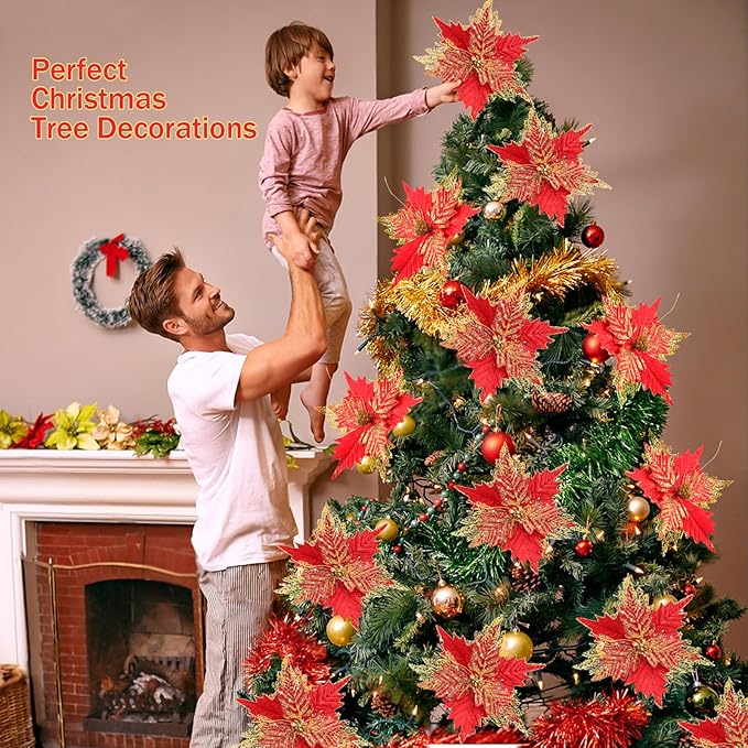 10'' Large Christmas Glitter Poinsettia Flowers Decorations, stadeco 10 Pcs Christmas Tree Picks Ornaments Artificial Flowers with Long Stems for Xmas Tree Wreath Garland Wedding Party DIY Decor