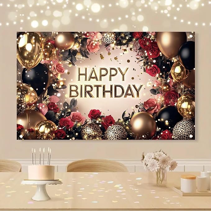 Red and Black Rose Happy Birthday Backdrop Banner Gold Balloon Photography Background Women Birthday Party Decorations Elegant Floral Birthday Supplies Photo Booth Props 71x43 Inch