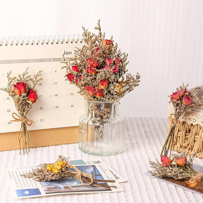 VAIPI 10 Pack Red Rose Dried Flower Bouquets Natural Real Dry Flowers with Stem Mini Roses Flower Bundles Dried Floral Arrangement for Vase, Carfts, Wedding, Valentines Day, Anniversary, Home Decor