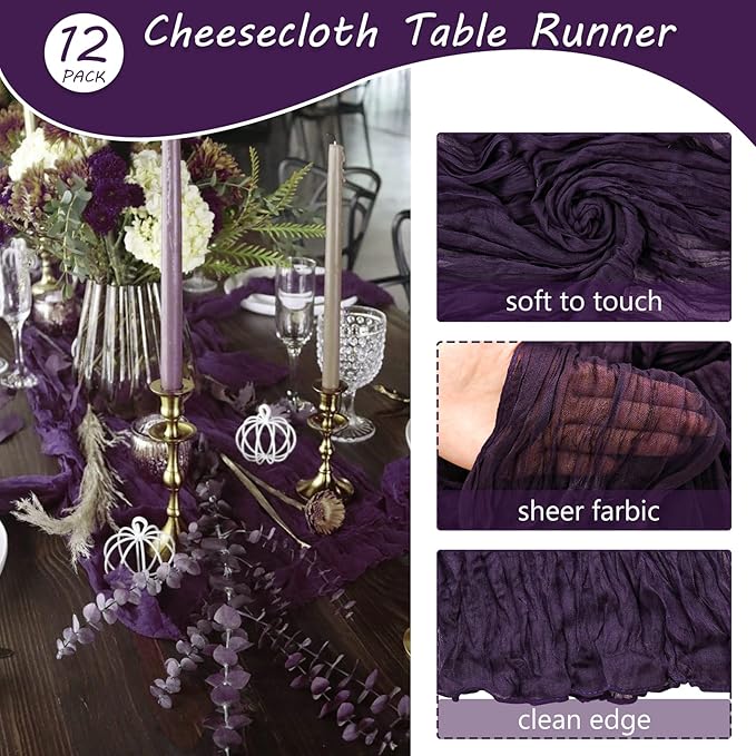 12 Pack 13Ft Cheesecloth Table Runner 35x157 Inch Boho Gauze Table Runner Cheese Cloth Long Rustic Table Runners for Wedding Bridal Shower Birthday Party Table Decor (Dark Purple)