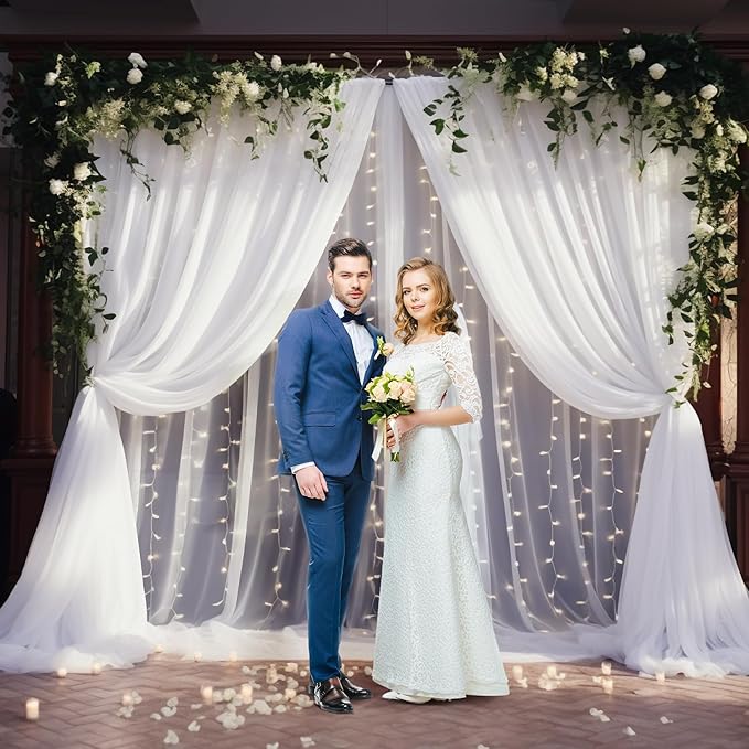 20x8ft White Tulle Backdrop Curtain with Lights String for Parites, Sheer Backdrop Curtains for Wedding Baby Shower Birthday Party Photo Shoot Decorations
