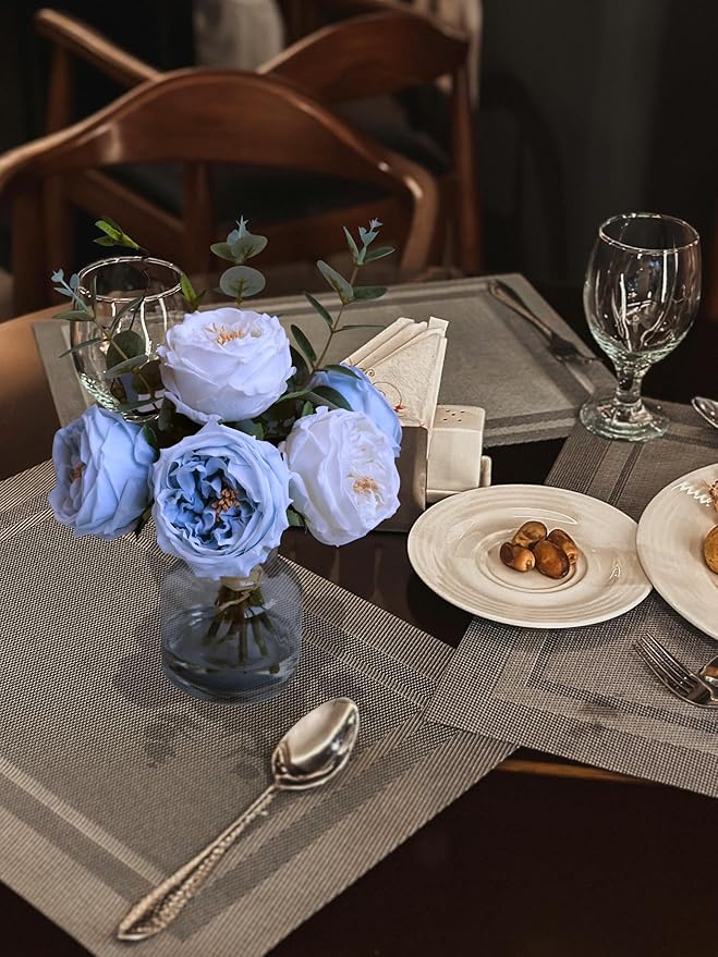 Forlaoers White Blue Roses Floral Artificial Flowers with Vase Silk Flower Arrangements in Fake Water Fake Flower Bouquet Centerpieces for Dining Center Table Decor Home Farmhouse Office Decorations