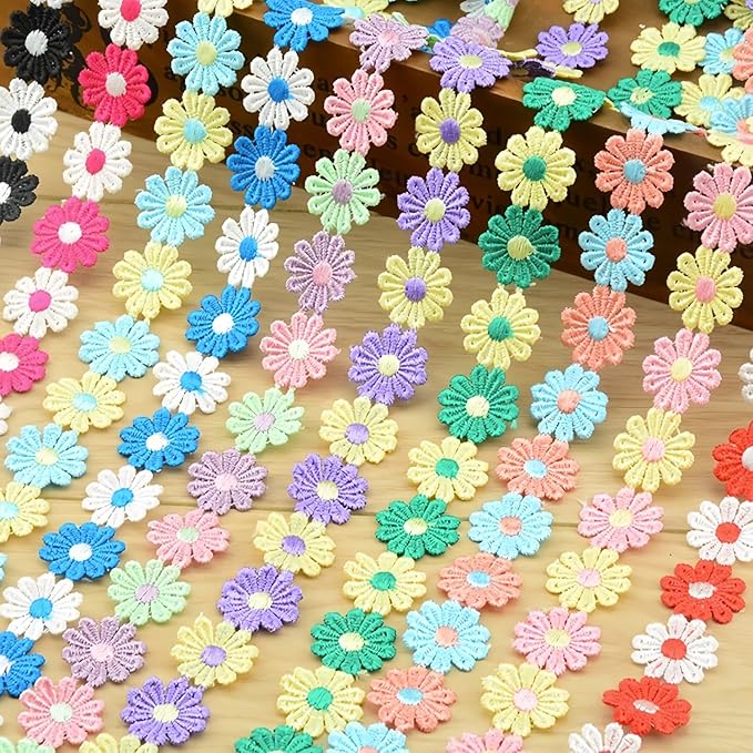 15 Yards Daisy Flower Lace Trim Embroidered Floral Lace Sewing Trim Ribbons for Embellishment Craft Dress Hair Accessories Decorations (Pink+Lavender+Light Green, 1" x 15 Yards)