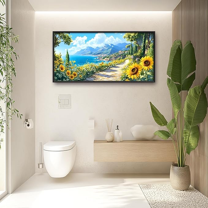 Coastal Sunflowers Large Wall Art Framed Wall Decor for Living Room Ocean Coast Pictures Oversized Canvas Print Painting Modern Extra Large Framed Artwork for Bedroom Office Home Decor 60"x30"