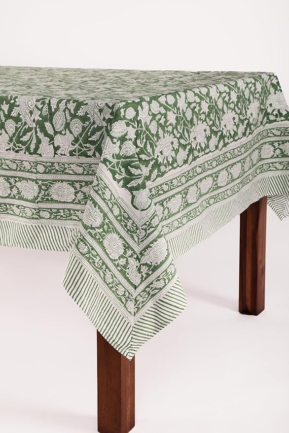 ATOSII Meraki Green 100% Cotton Rectangle Tablecloth, Hand Block Print Washable Table Cover, Dining, Christmas Parties, Outdoors, Weddings, Thanksgiving, Halloween, Fall Decor 60 X 90 Inches, 6 Seater