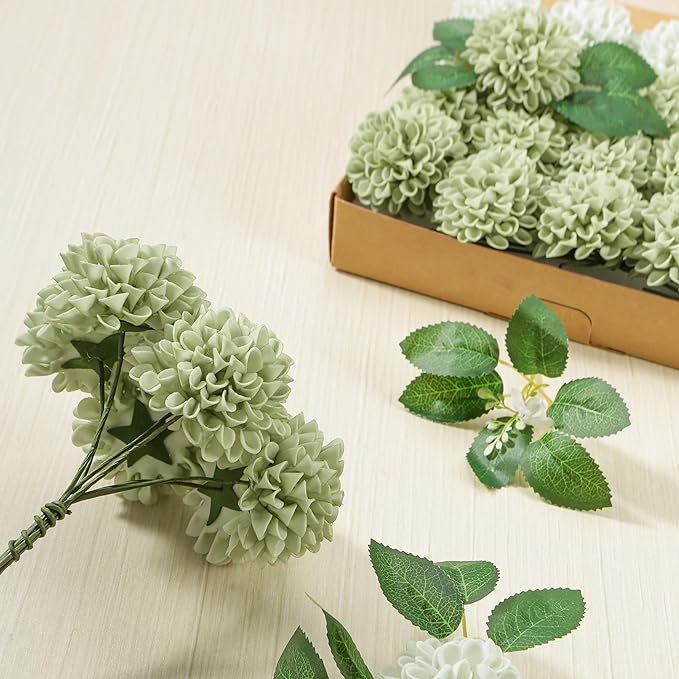 Artificial Flowers, 100pcs Artificial Rose for DIY Wedding Bouquets Centerpieces Arrangements, Sage Green Dahlia Flowers with Stem for Bridal Shower Party Home Decorations