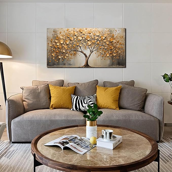 Tree Art Pictures for Wall in Living Room - Gold Yellow Canvas Wall Art for Bedroom - Abstract Art Wall Decor for Office Size 20" x 40"