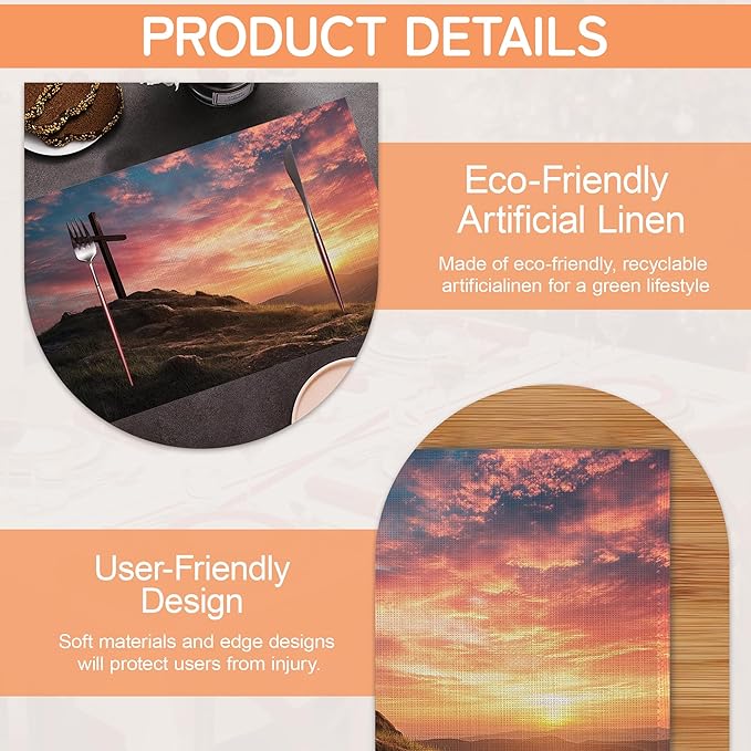 Cross Table Mats Set of 6,Sunset Mountain Non-Slip Washable Placemats for Restaurant Home Kitchen Dinner Table 12x18Inch