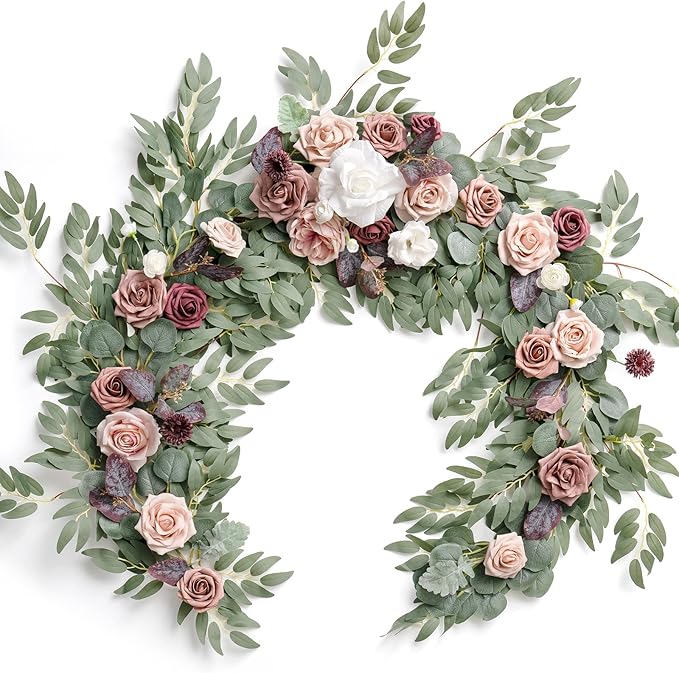 Ling's moment Pink Flower Garland - 6FT Eucalyptus & Rose - Sweetheart Table Decor for Wedding Reception, Artificial Floral Garland for Mantle, Christmas Decoration, Dusty Rose & Mauve