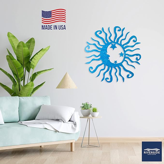 Riverside Designs Wacky Solar Moon Metal Wall Art Steel Outdoor Decor | Heavy-Duty and Waterproof | Made in USA (Teal, 36L x 36W)