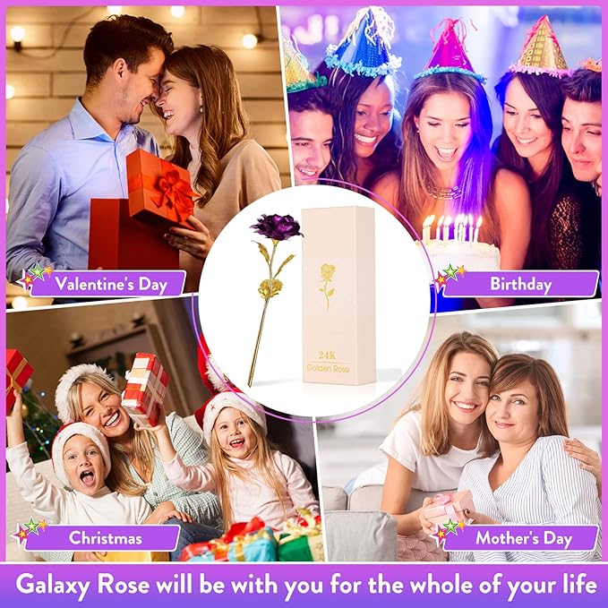 Christmas Flowers Gifts for Women, Mom Birthday Gifts for Christmas, Galaxy Glass Rose Forever Preserved Flowers Eternal Crystal Roses Xmas Gifts for Grandma Wife Sister Her Friends, Purple
