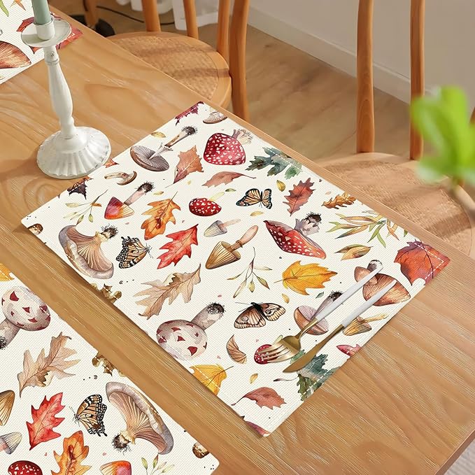 Mushroom Botanical Placemats Set of 4 Mushroom Plants Place Mats Botanic Waterproof Washable Table Mats Kitchen Dining Decoration 4 PCS