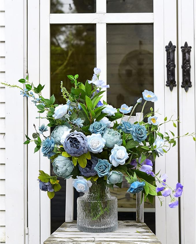 FiveSeasonStuff 12 Stems Artic ICY Blue Artificial Flowers Real Touch Silk Roses for Wedding Decoration, Packed in Gift Box