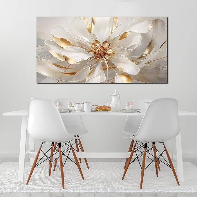 Flower Canvas Wall Art for Living Room Large Size White Wall Decor for Bedroom Girls Gold Wall Art for Office 29 x 58 Inches