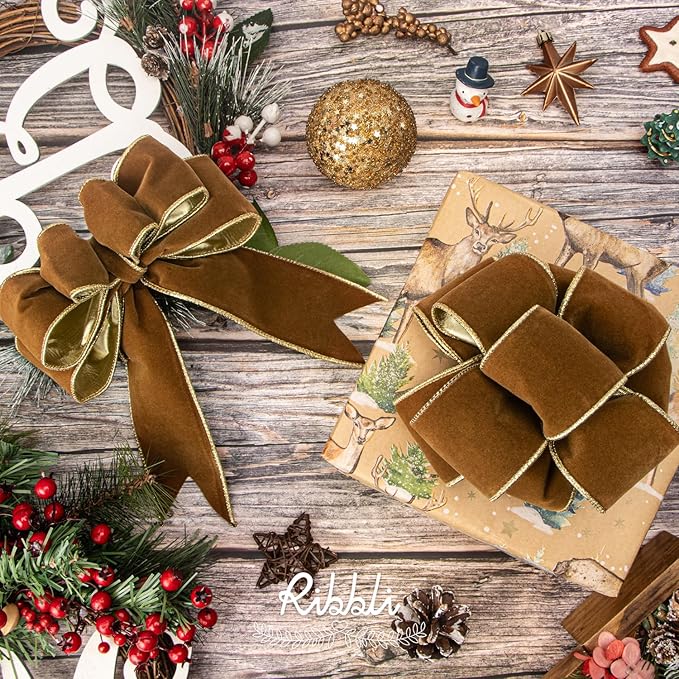 Ribbli Khaki Velvet Wired Ribbon 2.5 Inch Luxury Matte Velvet Christmas Ribbon for Gift Wrapping Christmas Tree Decoration Crafts Wreaths Supplies - 10 Yards