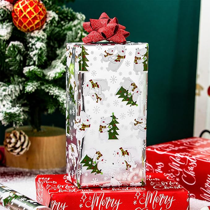 MAYPLUSS Christmas Wrapping Paper Roll - 17 Inch X 33 Feet - Silver Gift Wrapping Paper Christmas Tree Polar Bear Snowflake Reversible Red for Holiday Party New Year Kids